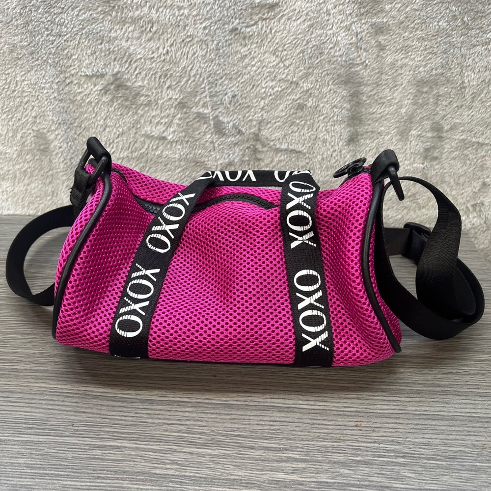 XOXO Pink Mesh Mini Barrel Crossbody Bag Black Logo Webbing Straps Sporty Y2K